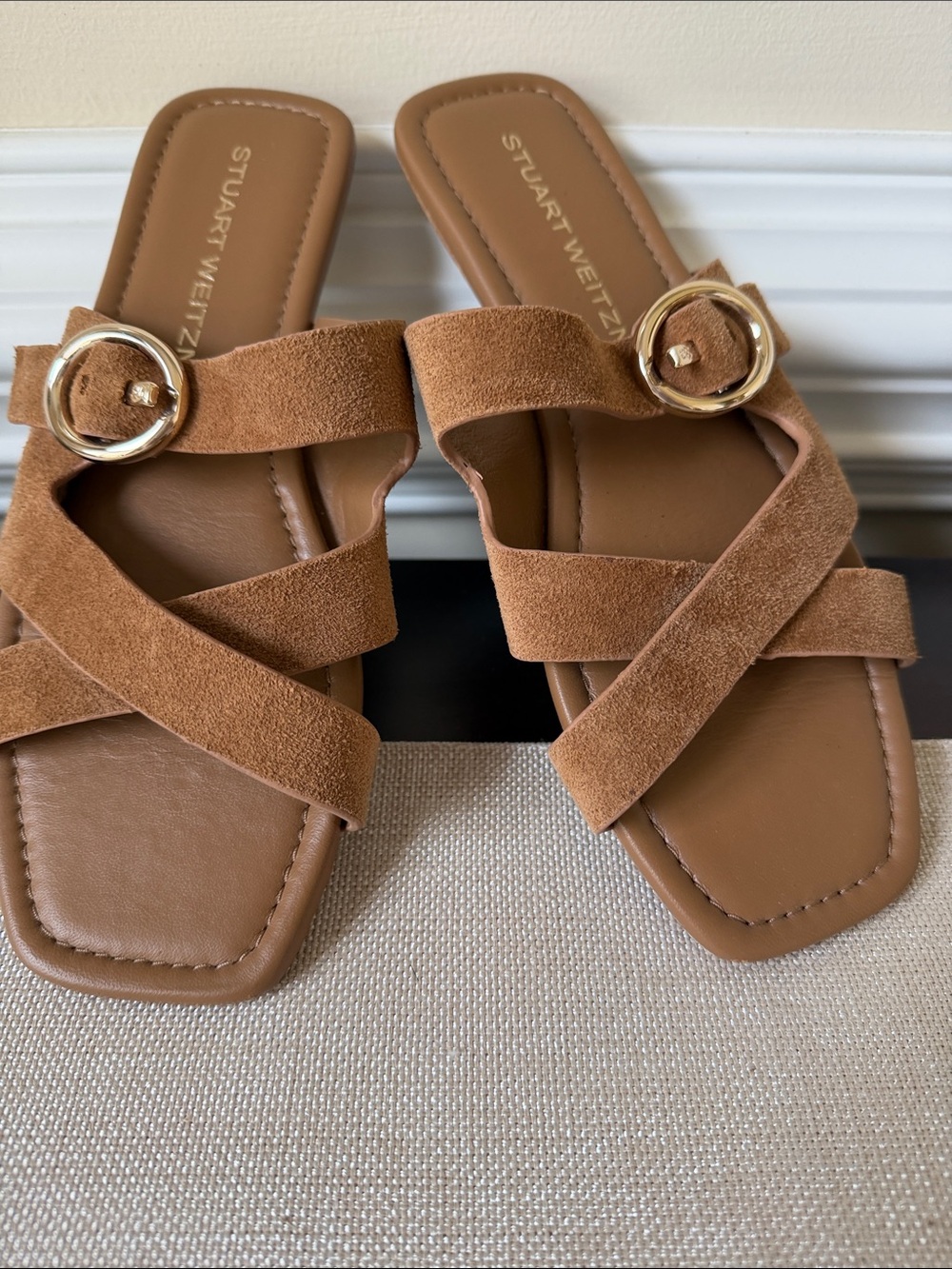 Stuart Weitzman Tan Suede Crisscross Slide Sandals with Gold Buckle
